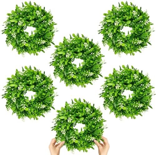 6 Pcs Christmas Boxwood Wreath Artificial 10 Inch Green Leaves for Front Door Cabinets Wreath Indoor Outdoor Wall Decor Christmas Wall Home Kitchen Decoration by Gosodeny