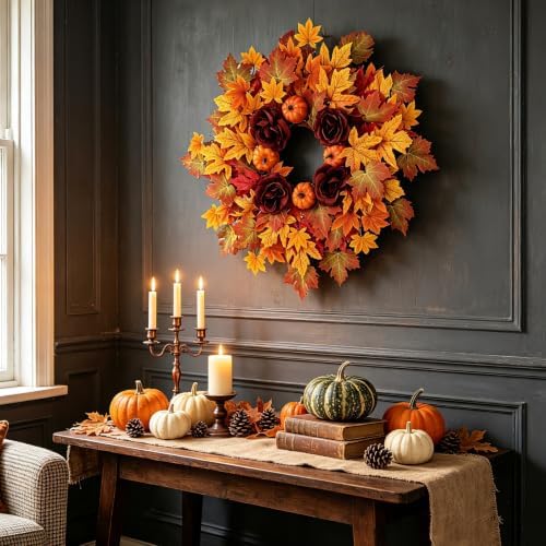 26Inch Fall Wreaths for Front Door, Autumn Door Wreath with Pumpkin,Rose,Berries for Indoor Outdoor Decor Thanksgiving Harvest Festival Celebrations - Image 7