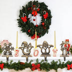 Retro Christmas Stocking Holders for Mantel - Set of 4 Vintage Heavy Hangers for Fireplace Decorations - Reindeer, Snowflake, Santa, Snowman Hooks - Image 2