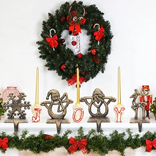 Retro Christmas Stocking Holders for Mantel - Set of 4 Vintage Heavy Hangers for Fireplace Decorations - Reindeer, Snowflake, Santa, Snowman Hooks - Image 2