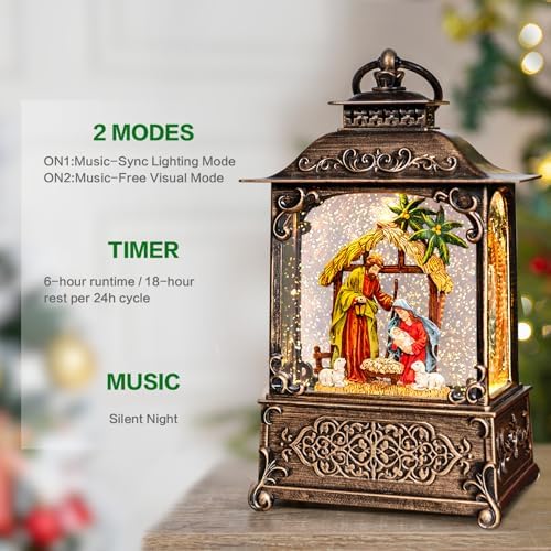 Christmas Snow Globes Lantern with Music, Jesus Christ Nativity Scene Snow Globe with Swirling Glitter Effects, USB/Battery Powered with 6-Hour Timer, Christmas Decorations - Image 3