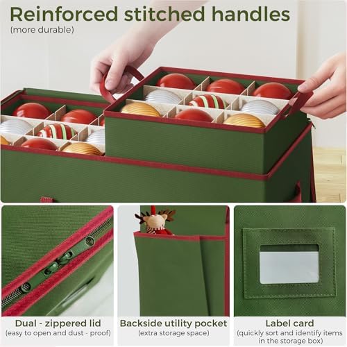 Large Christmas Ornament Storage Box, Dual Zippers, Stackable Christmas Storage Container with Lid, 6 Trays, 600D Oxford, Fits 54-4”, Green - Image 6