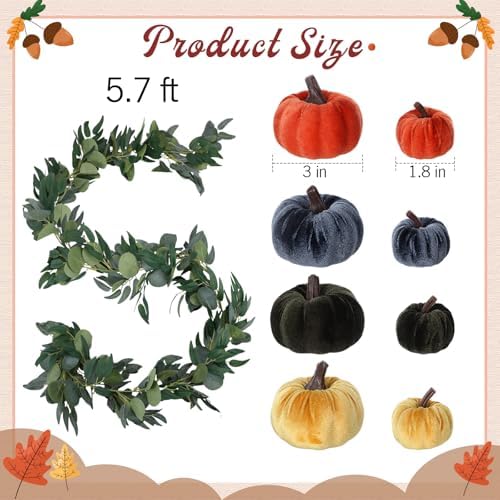 Conelist 2 Pcs Artificial Maple Leaf Rattan Garland 24 Harvest Velvet Foam Fabric Pumpkins Decorative for Home Farmhouse Fireplace(Colorful) - Image 3