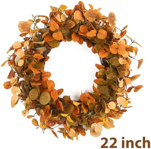 Eucalyptus Fall Wreaths for Front Door 22", Handmade Fall Leaves Wreath for Autumn, Floral Farmhouse Wreath for Wall and Outside Indoors - Image 2