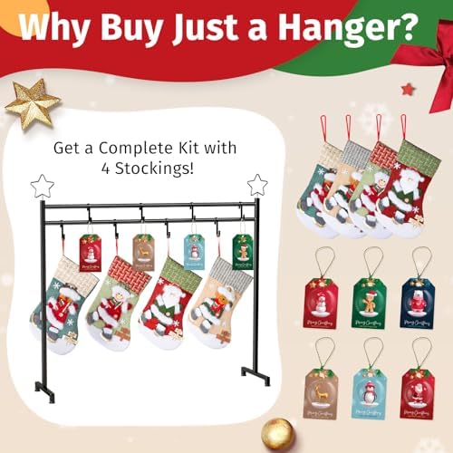 Christmas Stocking Holder Stand with 4 Stockings, Metal freestanding Christmas Stocking Hanger with 8 Hooks, Christmas Decorative Gift, Black - Image 4