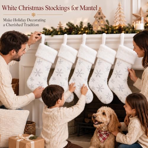 CARAKNOTS White Christmas Stockings 6 Pack, Large Faux Fur Silver Snowflake - Image 4