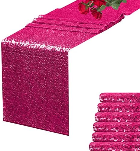 Hot Pink Sequin Table Runner 6 Pack, 12''x108 Glitter Table Runner by WISPET