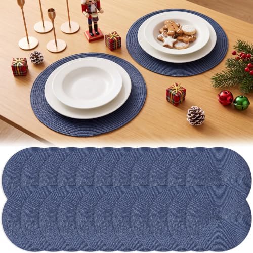 Buryeah 24 Pieces 13 Inch Christmas Round Placemats Circle Woven Place Mats Boho Decor Dining Table Mats Table Scape Hosting Friends for Wedding Birthday Dinner Parties (Fog Blue) by Buryeah