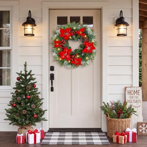 Christmas Wreaths for Front Door - 8 Lighting Modes 26 Inch Real Touch Pine Wreath with Poinsettia, Red Berries & Pine Cones Prelit Winter Wreath for Outdoor Christmas Decorations Home Decor - Image 7