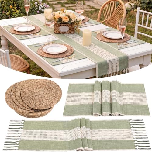 4 Sets Sage Green Table Runner and Placemats Set by Gandeer