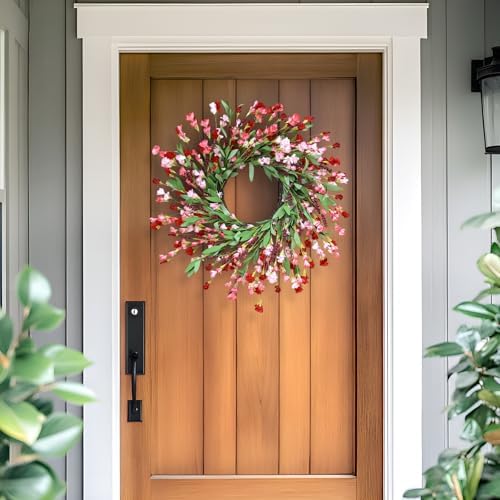 24" Spring Wreaths for Front Door Not Withering Artificial Floral Wreath with Wildflowers Summer Decorations for Indoor Outdoor Window Wall Farmhouse Porch Wedding Easter Home Decor Red Pink - Image 2