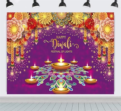 10x8ft Diwali Backdrop Fabric Purple Happy Diwali Festival of Lights Photography Background Extra Large Banner Room Decor by Unknown