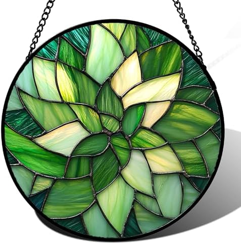 Green Leaf Flower Stained Glass Window Hanging Suncatcher Gift for Mom 15" by Follow