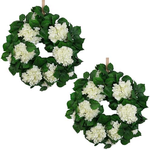 22" Hydrangea Wreath for Front Door – All-Season Wedding Décor with Lamb’s Ear Leaves & Hydrangea Blooms – Spring/Summer Farmhouse Style, Perfect Year-Round Decoration (White Hydrangea, Large) by QIANYUN