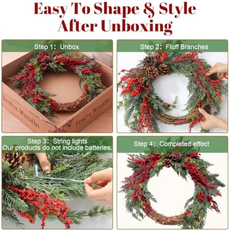 Yinder 20 Inch Christmas Wreath with LED Lights Red Berry Rattan - Image 6