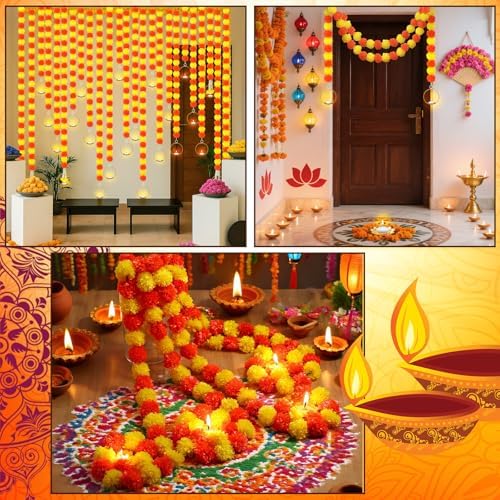 5 Pcs Marigold Garland 4 Ft Lotus Candle Holder Diwali Pooja - Image 5