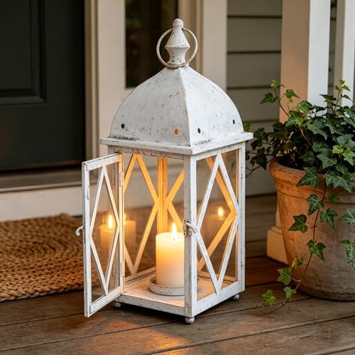 Vintage White Metal Candle Lantern with Glass 17in Distressed Blue Rustic Large Farmhouse Hanging Candle Holder Lanterns for Indoor & Outdoor Front Porch Table Centerpiece Decor - Image 4
