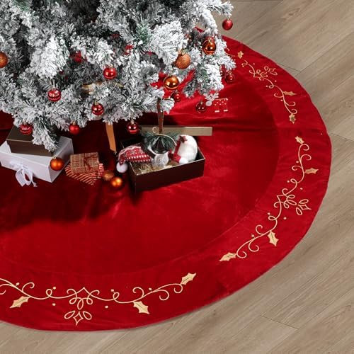 QOUBAI 36inch Christmas Tree Skirt Red Luxury Velvet Plush Fur Skirts with Gold Embroidery Xmas Velvet Tree Skirt Holly Leaves Gold Embroidered Tree Skirt for Christmas Holiday Party Decorations by QOUBAI