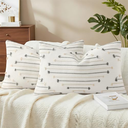 Mecatny Boho Outdoor Throw Pillow Covers 12x20 Set of 2 Beige & Grey by Mecatny