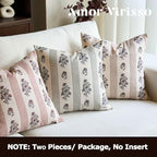 Amor Virisso Floral Throw Pillow Covers 20x20 Set of 2 Block Print Pillow Covers Neutral Floral Striped Farmhouse Decorative Pillow Covers for Sofa Couch Bed, Dusty Green - Image 3