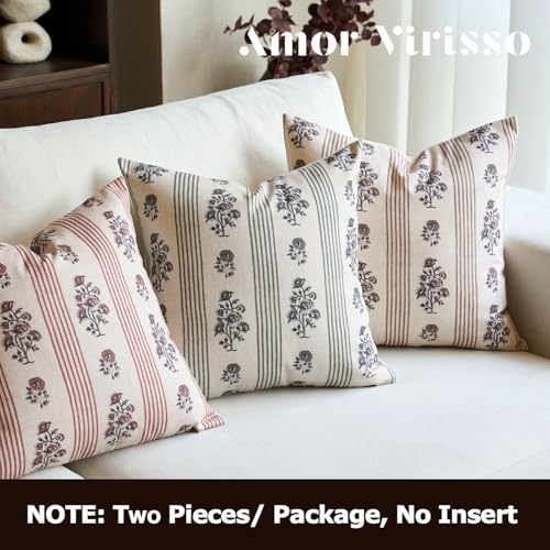 Amor Virisso Floral Throw Pillow Covers 20x20 Set of 2 Block Print Pillow Covers Neutral Floral Striped Farmhouse Decorative Pillow Covers for Sofa Couch Bed, Dusty Green - Image 3