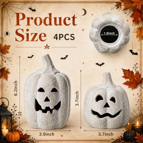 4 Pcs Halloween Decor Terracotta Pumpkin Jack O Candle Lantern, 3.7" & 6.3" - Image 2