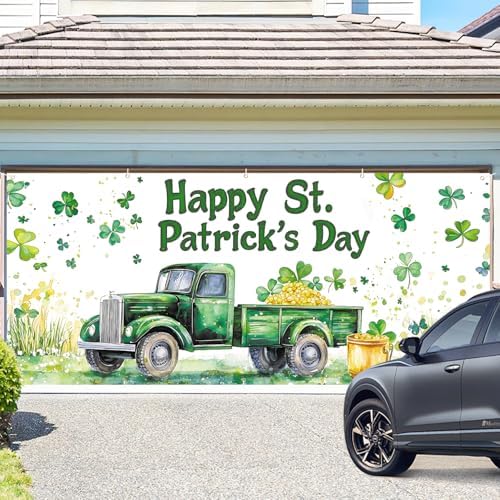 St. Patrick’s Day Garage Door Banner 7x16FT, Green Truck & Shamrocks Garage Door Cover, Festive Outdoor Decoration for St. Patrick’s Day Parties and Yard - Image 2
