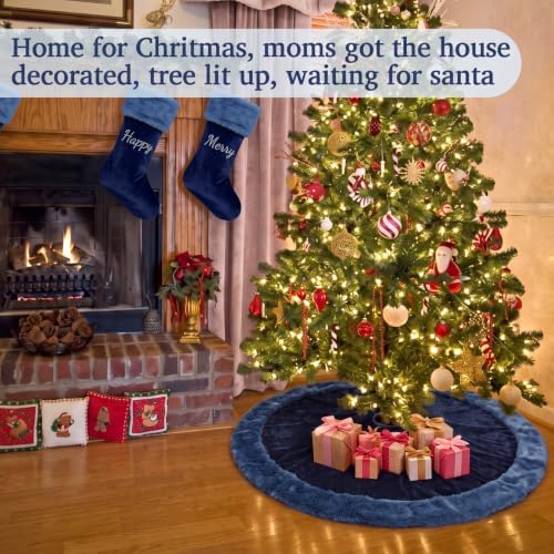 Skylety 48" Velvet Christmas Tree Skirt with Faux Fur Trim,Navy Blue - Image 6