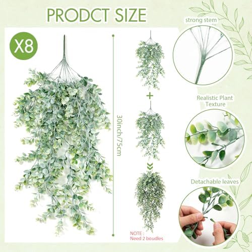 Zeyune 8 Pack Artificial Hanging Eucalyptus Plants, Fake Greenery Eucalyptus Leaves, Boho Ivy Plant Decor for Wedding, Bridal Shower Backdrop Bathroom Home Office Desk Indoor Wall (White-Sprayed) - Image 2