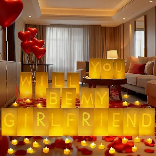 Will You Be My Girlfriend Decorations – Valentine’s Day Surprise Set with Light Up Letters, 30 Tea Light Candles, 2000 Rose Petals, 10 Balloons – Luminary Bags for Romantic Setup by VidwanHome%E2%80%93OrderYousToda