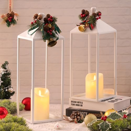 White Decorative Lantern Decor 17" 13" Set of 2 Wedding Lantern with Candle - Image 3