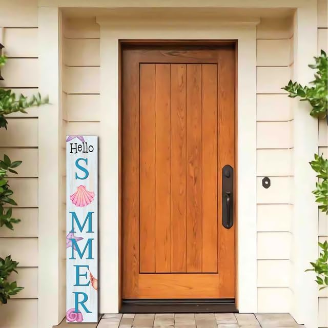 Hello Summer Starfish & Shells Wooden Sign 8”x48” Welcome Solid Wood Sign and Porch Leaner Summer Decoration for Front Door Porch Yard Deck Patio Farmhouse Vertical Decorn - Image 3