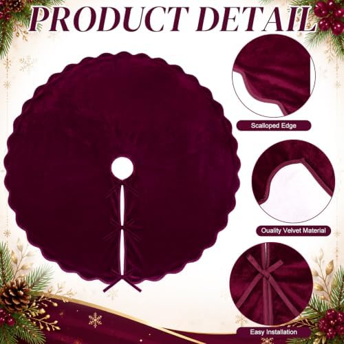 RoundFunny Burgundy Christmas Tree Skirt Velvet Tree Skirts, 60 Inch - Image 4
