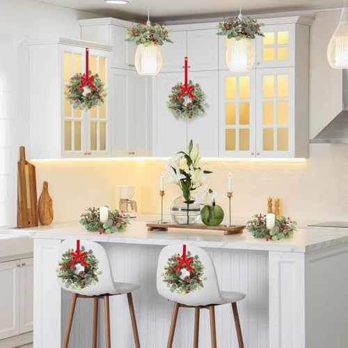 6 PCS Christmas Mini Cabinet Wreath for Kitchen with Ribbon Artificial Eucalyptus Cedar Hanging Garland with Red Berries Pine Cones for Swag Table Centerpiece Door Window Chair Wall Winter Decor - Image 5