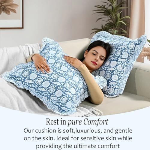 CPC Blue Meadow Hand Block Print 100% Cotton Ruffle Throw Pillow Cover 20x20 inch with Hidden Zipper Decorative for Couch, Bed, Sofa, Farmhouse, Cottagecore Decor Gift Christmas Fall Thanksgiving - Image 5