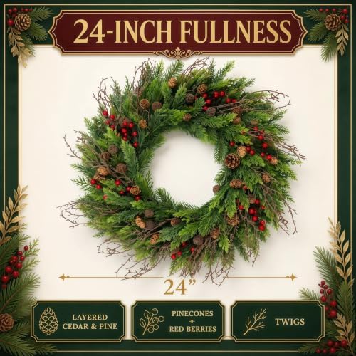 24" Cedar Christmas Wreath for Front Door with Pine Cones & Red Berries - Image 2