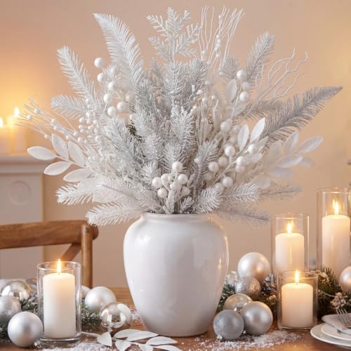 White 66 Pcs Christmas Glitter Picks and Sprays, Xmas Artificial Floral Stems Branches Berry Leaf Pine for Tree Topper Wreath Garland Centerpiece Holiday Party Home Decor - Image 6