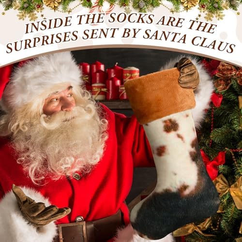 6 Pack Cow Print Christmas Stockings 20 Inch Large Plush Xmas Animal Cuff Stockings Hanging Ornaments Socks for Western Fireplace Mantel Stairway Decorations(Brown Cuff) - Image 6