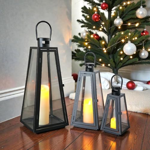 TRIROCKS Set of 3 Decorative Candle Lantern 11/16/21''H Metal Outdoor Candle Holder Hanging Lantern with Tempered Glass for Christmas Home Living Room Parties Event Indoors Outdoors (Black Triangle) - Image 4