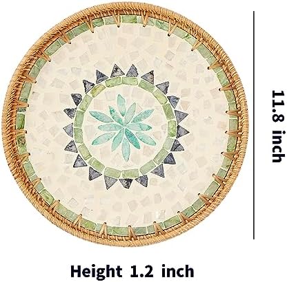 Kmelep Round Rattan Tray with Mother of Pearl Inlay, Rattan Serving Tray with Wooden Base, Decorative Wicker Basket for Table Decor, Storage and Display of Coffee Bread Food Fruit (Bohemia) - Image 6