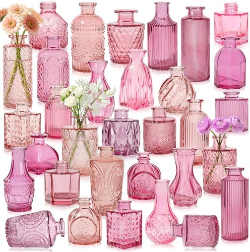 Colored Glass Vases Bulk 32 Pcs - Assorted Vintage Bud Vases for Wedding Centerpieces, Rustic Embossed Glass Bottles for Table Decor, Home Floral Arrangements with Pink Series (2-6 Inch) by SHOHAYTO