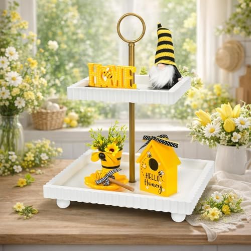 Modern 2 Tier White Rectangular Decorative Tray with Gold Handle - Image 5