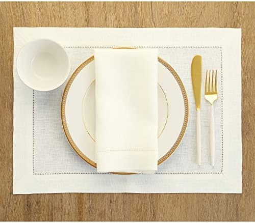 Solino Home 100% Pure Linen Placemats Ivory Hemstitch, 14 x 19 in, Set of 4 - Image 2
