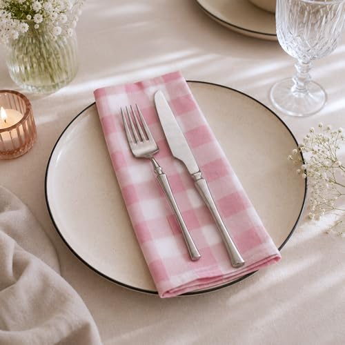 Cloth Napkins Set of 12, 100% Cotton Reusable Gingham Printed Dinner Napkins, 18x18” Washable Table & Kitchen Napkins for Home, Dining, Party, Pink & White - Image 7
