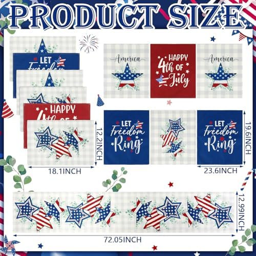 Newtay 13 Pcs 4th of July Table Runner Placemats and Dining Chair Cover Set Patriotic Red White Blue Decoration for 250th Anniversary Memorial Independence Day Kitchen Dining Home Party Decor(Bright) - Image 2