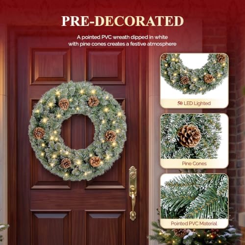 VINGLI 24Inch Frosted Christmas Wreath with 50 LED Lights, Battery Operated - Image 2