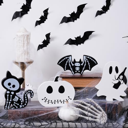 4PCS Halloween Decorations Indoor, Halloween Tiered Tray Decor Table Sign, Halloween Wooden Signs Ghost Bat Pumpkin Cat Blocks Signs, Table Decor Halloween Party Decorations for Mantle Home Shelf - Image 2