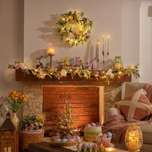 Valery Madelyn 18'' Lighted Easter Wreaths for Front Door, Pre-lit Spring Door Wreath with Pastel Eggs, Daisy Flowers & Silk Lambs Ear Leaves, Artificial Farmhouse Indoor Outdoor Wall Window Decor - Image 2