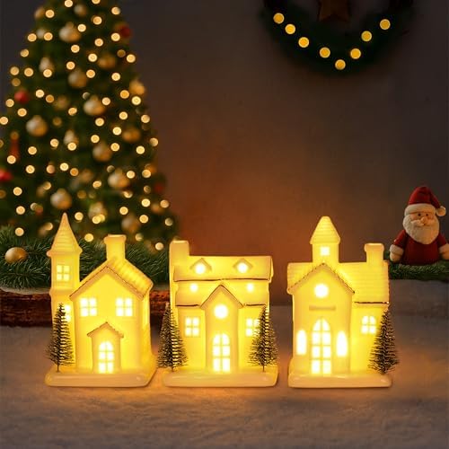 Ceramic White Christmas Village Houses 3Pcs Light Up Small Porcelain Village House with 4Pcs Christmas Trees LED Lighted Tabletop House Figurines Christmas Decorations for Holiday Winter Home Decor by Dlfghos