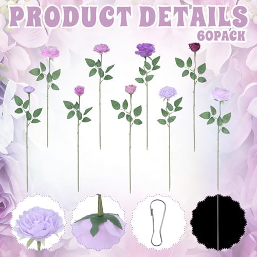 Lyrow 60 Pack Lavender Purple Artificial Flower Hanging Ornaments Purple Roses Floating Garland Moody Vintage Mauve Wedding Lilac Boho Cottagecore Ceiling Garland Bridal Shower Bouquet Table Decor - Image 3